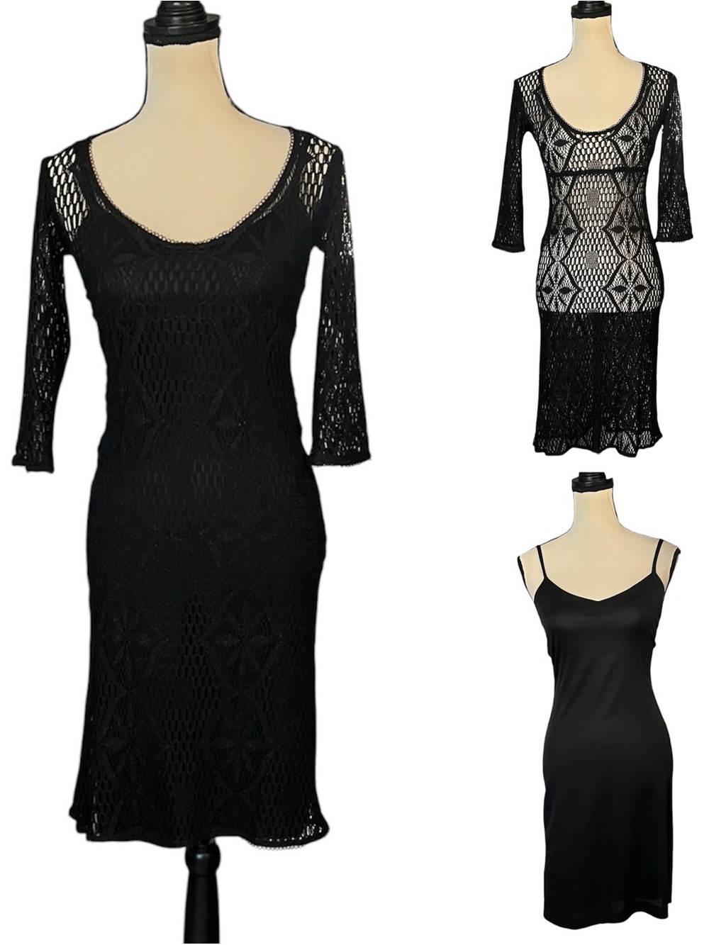 Vintage 90s Betsey Johnson Sheer Crochet Goth Witchy Vamp Dress & Slip